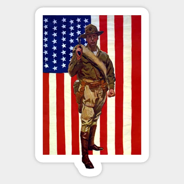 Vintage Soldier with American Flag Sticker by MasterpieceCafe